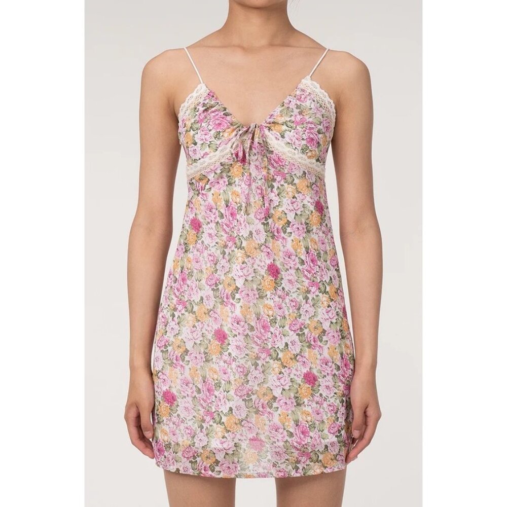 Commense Floral Rose Print Lace-Trimmed Mini Slip Dress With‎ Tie Neck & Smocked
